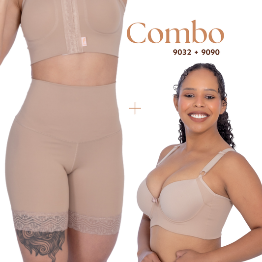 Kit De Bermuda Cintura de cós duplo com perna 1/2 coxa + Sutiã Bojo - Corpo Pele