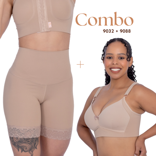 Kit Bermuda Cintura Cós Duplo 1/2 Coxa + Sutiã De Bojo Maleável - Corpo Pele