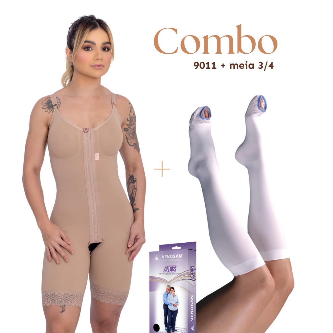 Combo Modelador Com Busto 1/2 Coxa Alça Fina + Meia Antitrombo - Corpo Pele