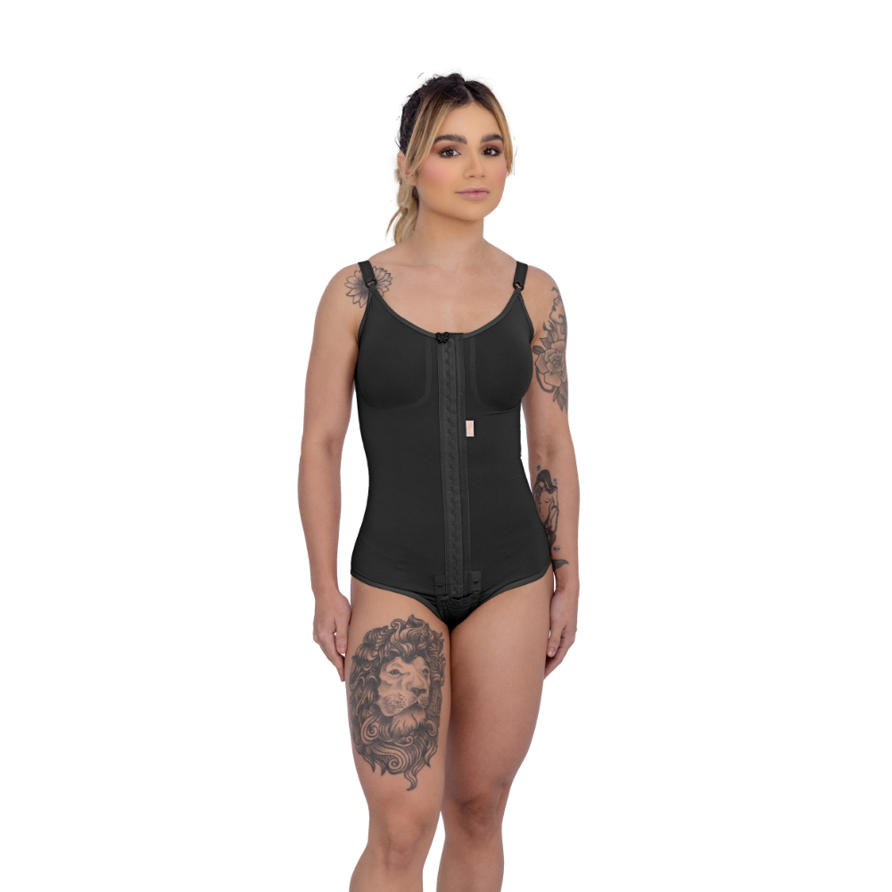 Modelador com busto, sem pernas, abertura frontal, alça fina