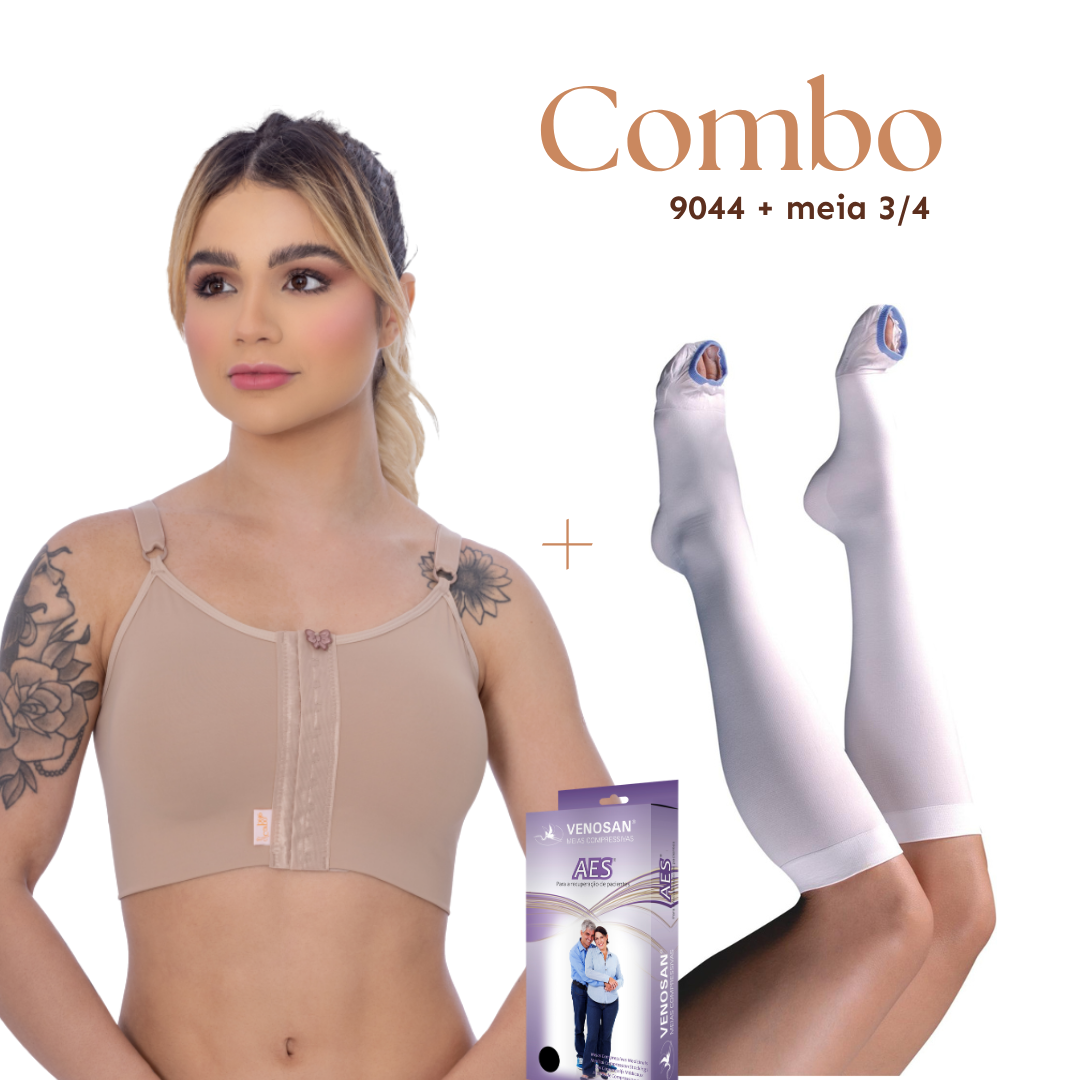 Combo De Sutiã Cirúrgico Duplo Aberto Na Frente + Meia Antitrombo - Corpo Pele